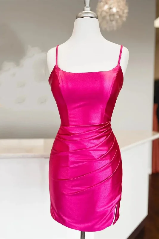 Party dresses with a pom - pom trim for a fun and festive touchStraps Fuchsia Ruched Bodycon Tight Satin Homecoming Dress PD476 Party dresses with a pom - pom trim for a fun and festive touchStraps Fuchsia Ruched Bodycon Tight Satin Homecoming Dress PD476