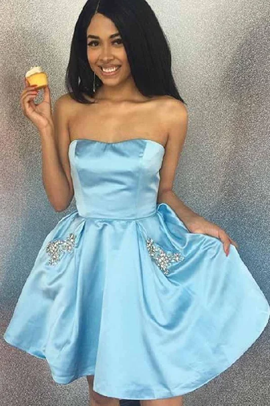 Strapless party dresses with a beaded bodice for added eleganceSweetheart Strapless Sky Blue Short Homecoming/Party Dress with Pockets PD097 Strapless party dresses with a beaded bodice for added eleganceSweetheart Strapless Sky Blue Short Homecoming/Party Dress with Pockets PD097