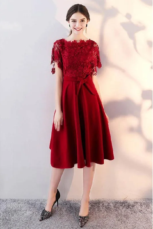 Short - length party dresses with a ruffled skirt for a flirty lookTea Length Lace Sleeve Wedding Party Dress Homecoming Dress with Sash PD096 Short - length party dresses with a ruffled skirt for a flirty lookTea Length Lace Sleeve Wedding Party Dress Homecoming Dress with Sash PD096