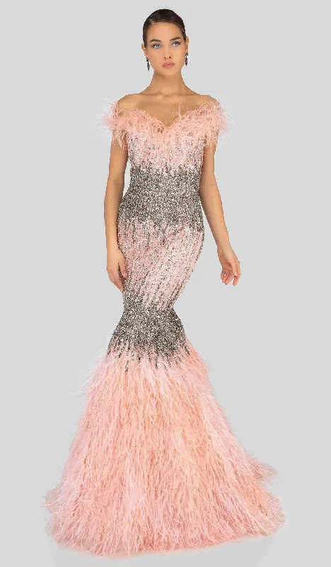 Metallic wedding guest dresses for a glamorous weddingTerani Couture - 1911GL9512 Feather-Fringed Bejeweled Mermaid Gown Metallic wedding guest dresses for a glamorous weddingTerani Couture - 1911GL9512 Feather-Fringed Bejeweled Mermaid Gown