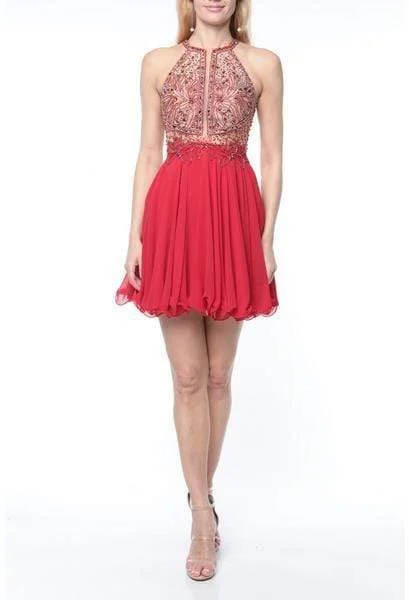 Cocktail dresses with a mesh panel and a high - neck designTerani Couture - 1921H0407 Floral Beaded Halter Short A-Line Dress Cocktail dresses with a mesh panel and a high - neck designTerani Couture - 1921H0407 Floral Beaded Halter Short A-Line Dress