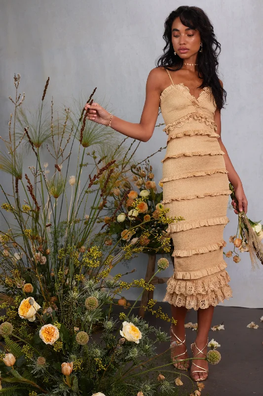 Wedding guest dresses with high - low hems and floral appliquesThe Narcisse Dress in Warm Sand - FINAL SALE Wedding guest dresses with high - low hems and floral appliquesThe Narcisse Dress in Warm Sand - FINAL SALE