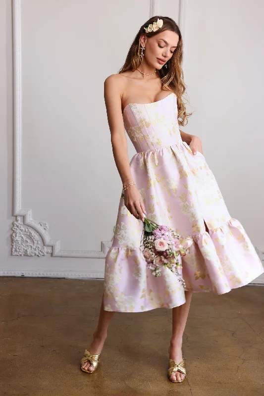 Cotton wedding guest dresses with smocked details for a casual weddingThe Virginia Dress in Light Lilac Baroque Floral - FINAL SALE