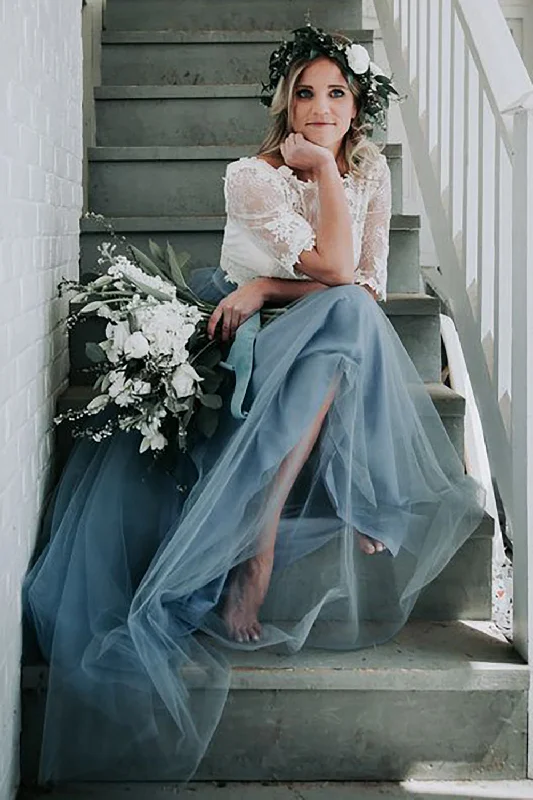 A - line cocktail wedding guest dresses in pastel colorsTulle A-Line Grey Blue Long Prom Bridesmaid Dress with Lace A - line cocktail wedding guest dresses in pastel colorsTulle A-Line Grey Blue Long Prom Bridesmaid Dress with Lace