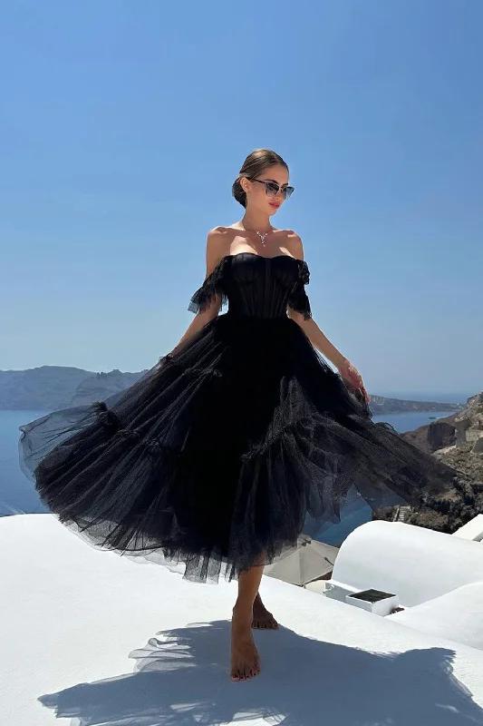 Tea - length party dresses for a sophisticated and versatile optionTulle A-Line Sweetheart Black Prom Dress Tea - length party dresses for a sophisticated and versatile optionTulle A-Line Sweetheart Black Prom Dress