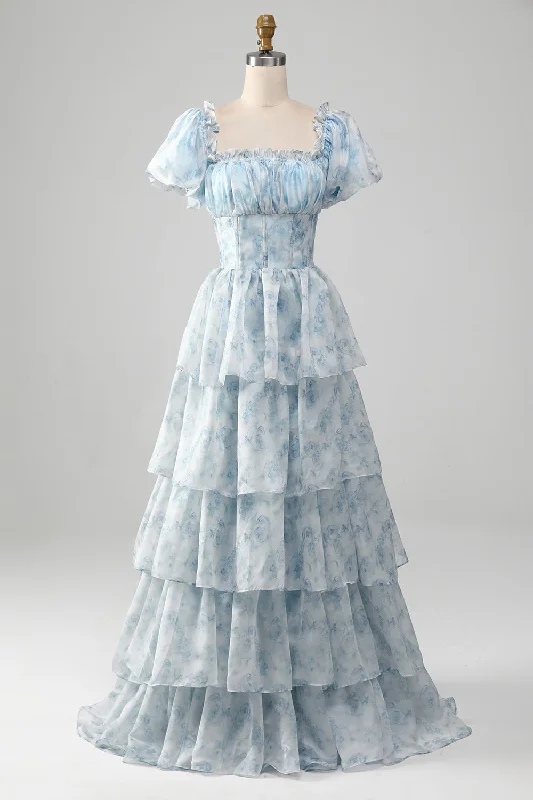 Mini cocktail dresses with a cold - shoulder ruffled sleeveA Line Square Neck Light Blue Tiered Prom Dress with Ruffles Mini cocktail dresses with a cold - shoulder ruffled sleeveA Line Square Neck Light Blue Tiered Prom Dress with Ruffles
