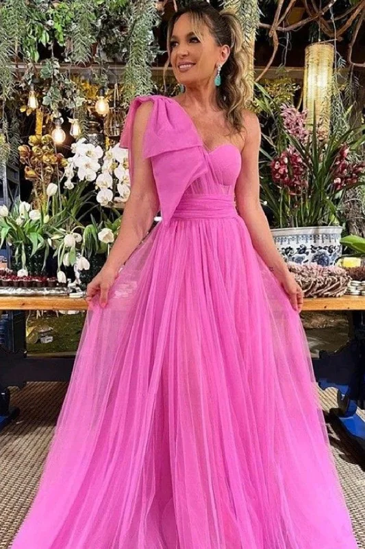 Mini wedding guest dresses with glittery accents for a trendy lookTulle One Shoulder Hot Pink Long Bridesmaid Dress Mini wedding guest dresses with glittery accents for a trendy lookTulle One Shoulder Hot Pink Long Bridesmaid Dress