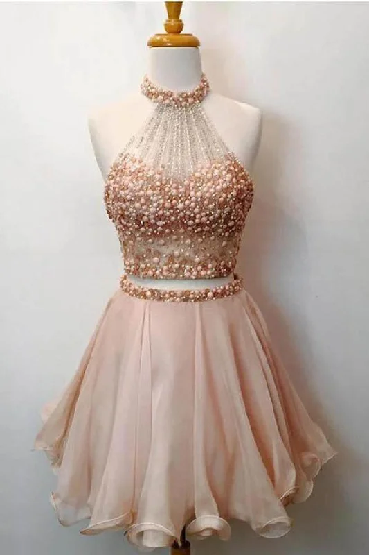 Party dresses with a handkerchief hem for a unique and flowing styleTwo Pieces High Neck Beading Short Homecoming Dresses PD105 Party dresses with a handkerchief hem for a unique and flowing styleTwo Pieces High Neck Beading Short Homecoming Dresses PD105
