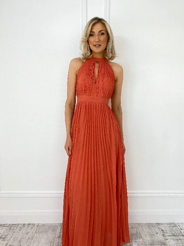 Metallic wedding guest dresses for a glamorous weddingRoxy Pleated Maxi Dress - Orange