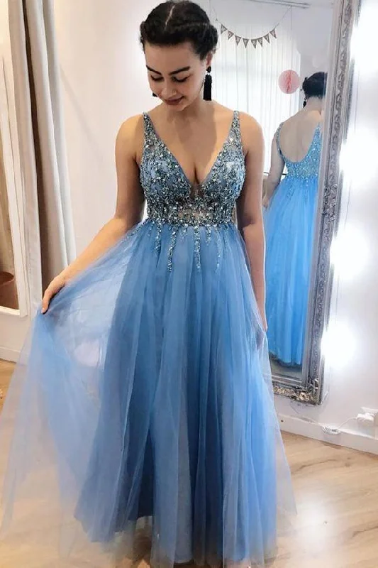 Prom party dresses with a glamorous and elegant aestheticV-Neck Appliques A-Line Prom Dresses Blue Tulle Long Evening Dresses PSK214 Prom party dresses with a glamorous and elegant aestheticV-Neck Appliques A-Line Prom Dresses Blue Tulle Long Evening Dresses PSK214