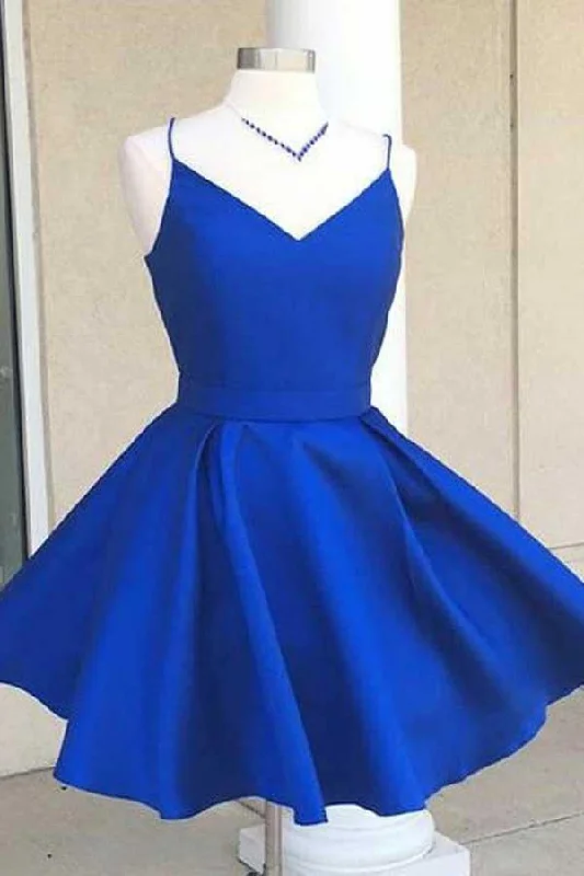Fairy - themed party dresses with wings and glitter for a magical lookV-Neck Open Back Royal Blue Satin Homecoming Dress with Bowknot PD088 Fairy - themed party dresses with wings and glitter for a magical lookV-Neck Open Back Royal Blue Satin Homecoming Dress with Bowknot PD088