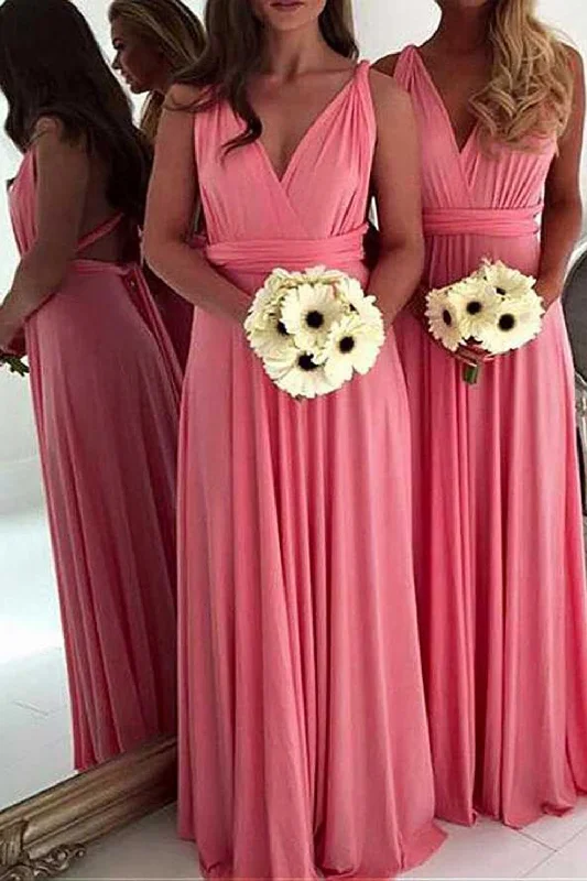 Off - the - shoulder wedding guest dresses in chiffonWatermelon A-Line Covertible Long Pleated Chiffon Boho Bridesmaid Dress