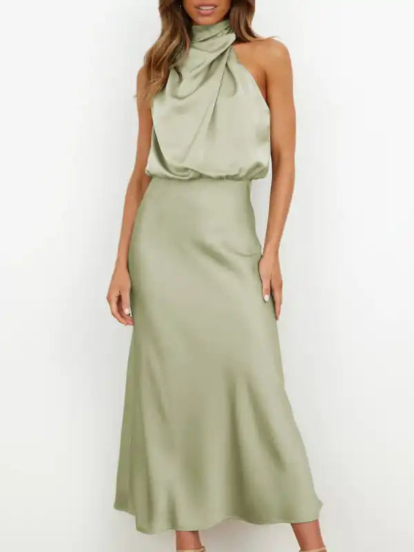 Cocktail dresses with a patchwork pattern and a mid - thigh lengthWomen’s Woven Halter Neck High-Quality Satin Strap Slim-Fit Celebrity Mid-Length Dress Cocktail dresses with a patchwork pattern and a mid - thigh lengthWomen’s Woven Halter Neck High-Quality Satin Strap Slim-Fit Celebrity Mid-Length Dress