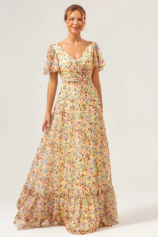 Wedding guest dresses with tiered skirts for a feminine lookYellow Flower Printed A-Line V-neck Short Sleeves Long Prom Dress Wedding guest dresses with tiered skirts for a feminine lookYellow Flower Printed A-Line V-neck Short Sleeves Long Prom Dress