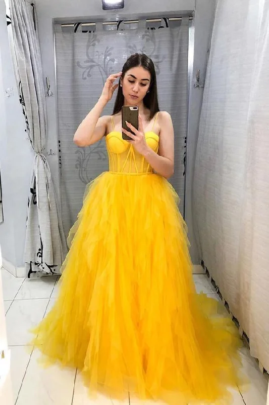 Party dresses with a tiered skirt for a fun and voluminous styleYellow Tulle Prom Dress A Line Sleeveless Evening Gown PSK217 Party dresses with a tiered skirt for a fun and voluminous styleYellow Tulle Prom Dress A Line Sleeveless Evening Gown PSK217