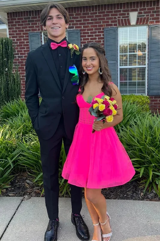Evening party dresses with a long train for a dramatic entranceA-Line Corset Hot Pink Short Prom Dress Evening party dresses with a long train for a dramatic entranceA-Line Corset Hot Pink Short Prom Dress