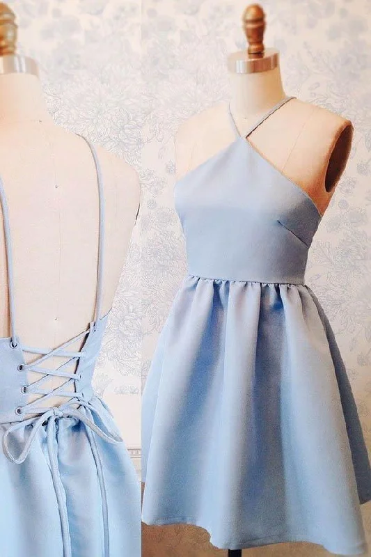Strapless party dresses with a beaded bodice for added eleganceA-Line Halter Above-Knee Lace-Up Blue Stretch Satin Homecoming Dress PD403 Strapless party dresses with a beaded bodice for added eleganceA-Line Halter Above-Knee Lace-Up Blue Stretch Satin Homecoming Dress PD403