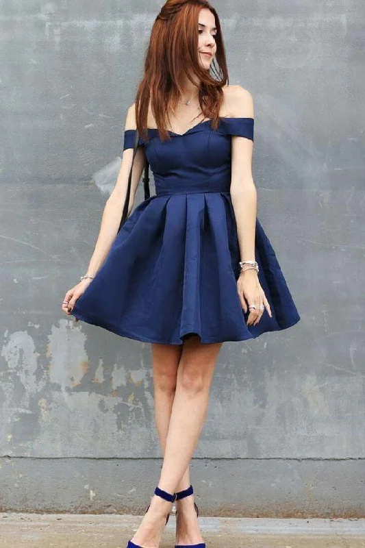 A - line party dresses with a floral print for spring eventsA-Line Off-the-Shoulder Short Navy Blue Satin Sleeveless Homecoming Dress PD404 A - line party dresses with a floral print for spring eventsA-Line Off-the-Shoulder Short Navy Blue Satin Sleeveless Homecoming Dress PD404