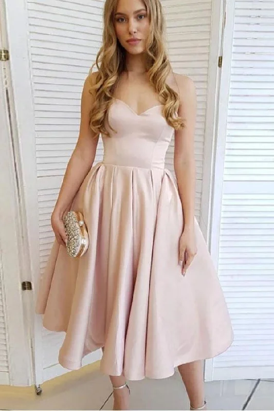 Evening party dresses with a long train for a dramatic entranceA-Line Satin Sweetheart Tea Length Homecoming Dress Short Prom Dress PD414 Evening party dresses with a long train for a dramatic entranceA-Line Satin Sweetheart Tea Length Homecoming Dress Short Prom Dress PD414