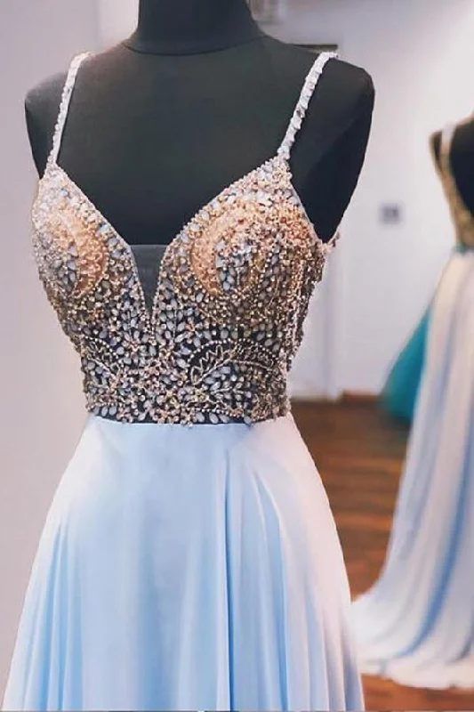Sparkly sequined party dresses for a glamorous lookA-line Spaghetti Straps Sky Blue Beaded Long Prom Dress Evening Dress PSK197 Sparkly sequined party dresses for a glamorous lookA-line Spaghetti Straps Sky Blue Beaded Long Prom Dress Evening Dress PSK197