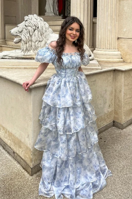 Mermaid - cut formal dresses in satin for a glamorous prom nightA Line Square Neck Light Blue Tiered Prom Dress with Ruffles Mermaid - cut formal dresses in satin for a glamorous prom nightA Line Square Neck Light Blue Tiered Prom Dress with Ruffles