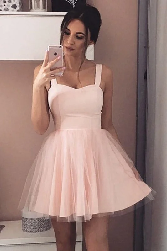 Tea - length party dresses for a sophisticated and versatile optionA-Line Straps Short Prom Dress Sleeveless Pink Tulle Homecoming Dress PD408 Tea - length party dresses for a sophisticated and versatile optionA-Line Straps Short Prom Dress Sleeveless Pink Tulle Homecoming Dress PD408