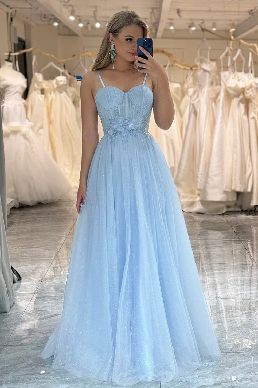 Prom dresses with tiered lace skirts and off - the - shoulder necklines for a feminine and elegant formal affairA Line Tulle Light Blue Long Corset Prom Dress Prom dresses with tiered lace skirts and off - the - shoulder necklines for a feminine and elegant formal affairA Line Tulle Light Blue Long Corset Prom Dress
