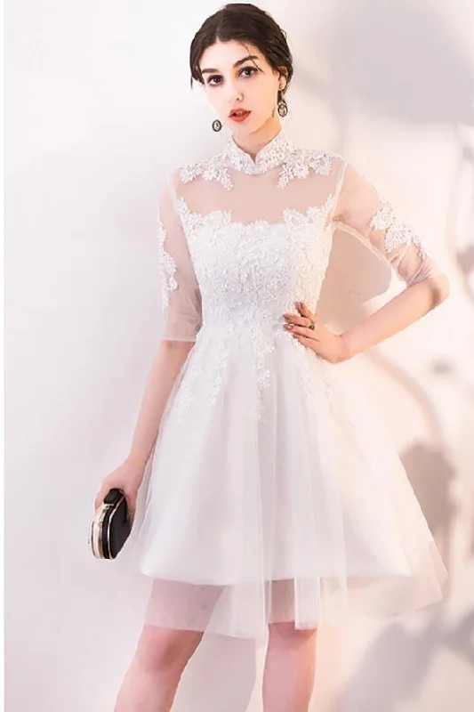 Party dresses with a jacquard pattern for a rich and detailed lookA-line White Lace and Tulle Homecoming Dresses Party Dress with Sleeves PD062 Party dresses with a jacquard pattern for a rich and detailed lookA-line White Lace and Tulle Homecoming Dresses Party Dress with Sleeves PD062