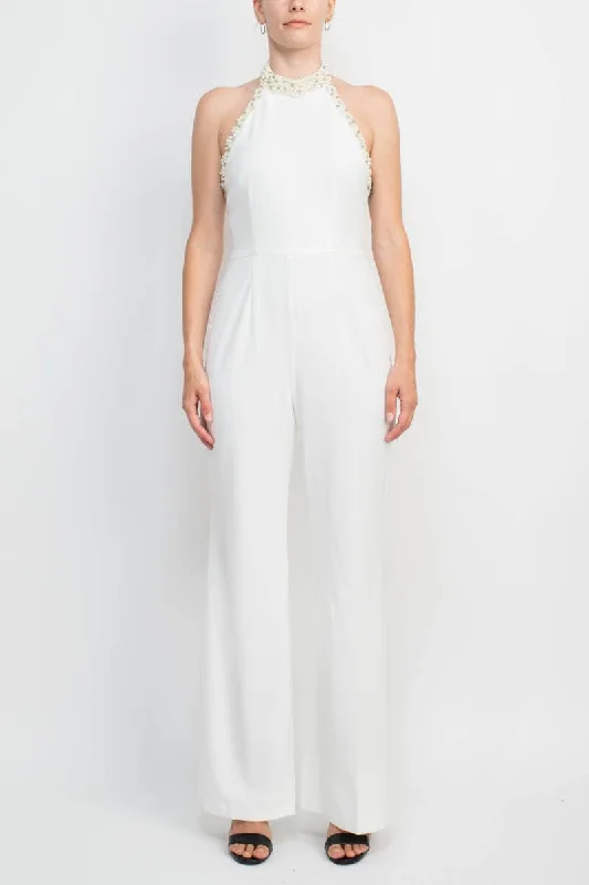 Party dresses with a lace overlay for a feminine touch​Adrianna Papell AP1E204372 Embellished Halter Neck Open Jumpsuit