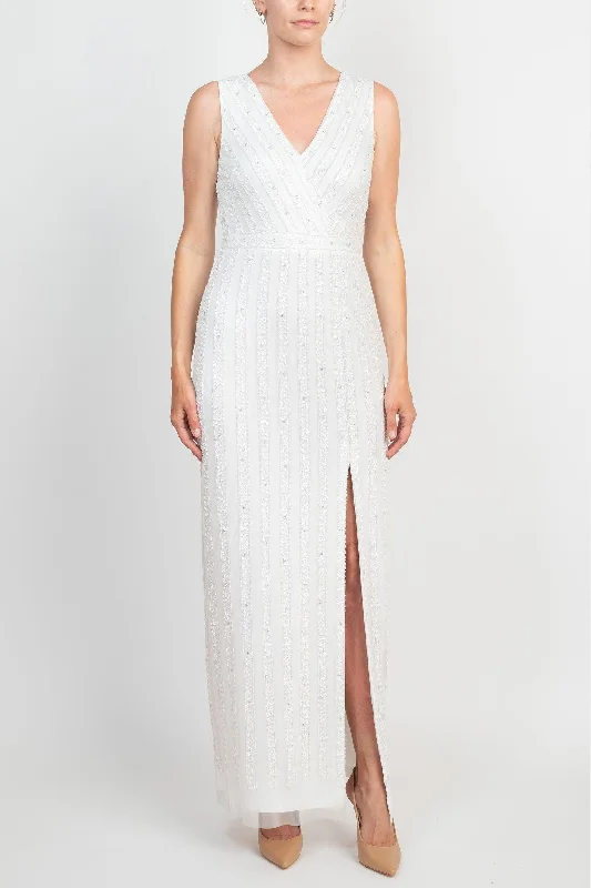 Beach party dresses made of lightweight and breathable fabricAdrianna Papell AP1E208752 Sleeveless Banded Waist Slit Formal Mesh Dress Beach party dresses made of lightweight and breathable fabricAdrianna Papell AP1E208752 Sleeveless Banded Waist Slit Formal Mesh Dress