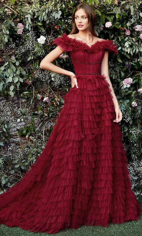 Long - sleeved formal dresses in velvet for a winter formal eventAndrea and Leo A1032 - Ruffled Off Shoulder Prom Dress Long - sleeved formal dresses in velvet for a winter formal eventAndrea and Leo A1032 - Ruffled Off Shoulder Prom Dress
