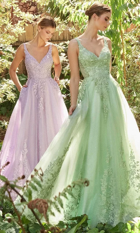 Formal dresses with gathered bodices and wide - leg skirts for a comfortable and stylish silhouetteAndrea and Leo A1125 - V-Neck Lace Pleated Prom Gown