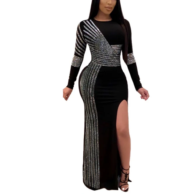 Sleeveless formal dresses with sequined straps and a - line skirts for a classic formal eventAutumn Bodycon Sexy Full Sleeve Pencil Long Beading Lady Prom Dress