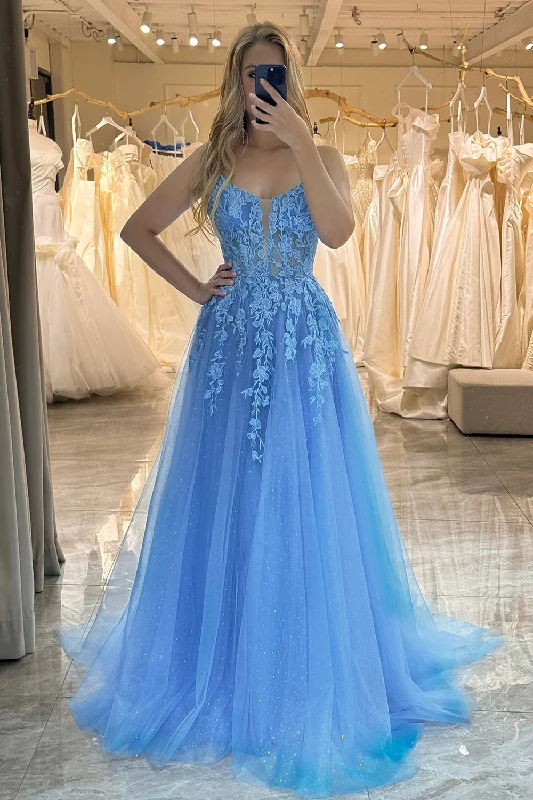 Prom dresses with lace - trimmed hems and off - the - shoulder necklines for a delicate lookBlue A Line Tulle Long Prom Dress With Appliques Prom dresses with lace - trimmed hems and off - the - shoulder necklines for a delicate lookBlue A Line Tulle Long Prom Dress With Appliques