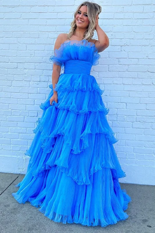 Prom dresses with illusion necklines and crystal embellishments for a formal affairBlue Strapless Long Ruffled Prom Dress Prom dresses with illusion necklines and crystal embellishments for a formal affairBlue Strapless Long Ruffled Prom Dress