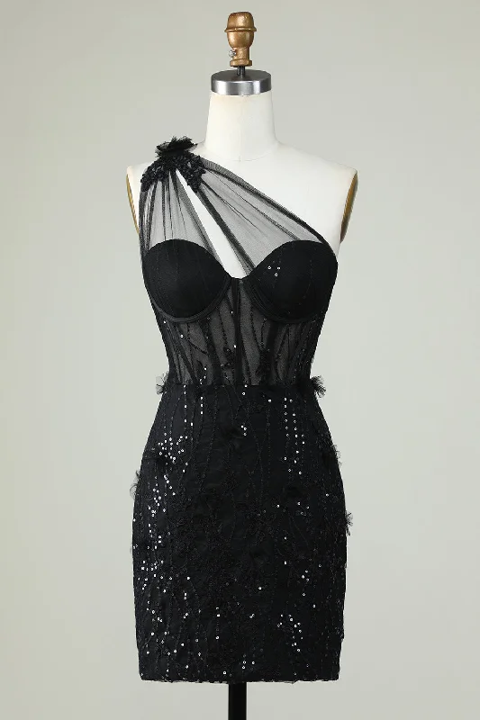 Sparkly sequined party dresses for a glamorous lookBodycon One Shoulder Black Corset Short Prom Dress with Appliques Sparkly sequined party dresses for a glamorous lookBodycon One Shoulder Black Corset Short Prom Dress with Appliques