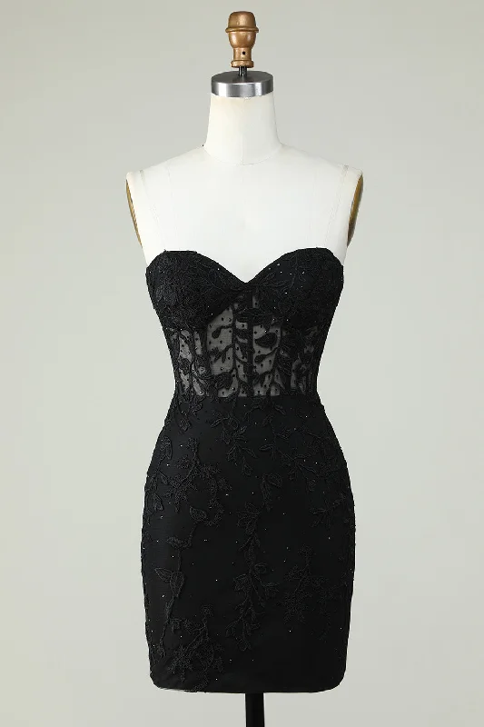 Tea - length party dresses for a sophisticated and versatile optionBodycon Sweetheart Black Corset Short Prom Dress with Appliques Tea - length party dresses for a sophisticated and versatile optionBodycon Sweetheart Black Corset Short Prom Dress with Appliques