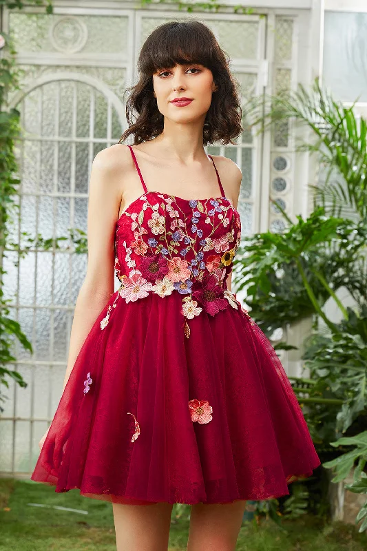 Tea - length party dresses for a sophisticated and versatile optionBurgundy A Line Spaghetti Straps Short Prom Dress With 3D Flowers Tea - length party dresses for a sophisticated and versatile optionBurgundy A Line Spaghetti Straps Short Prom Dress With 3D Flowers