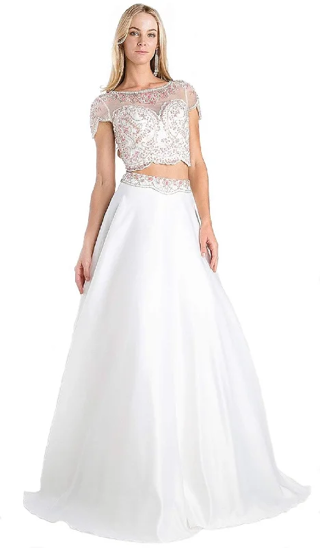 Prom dresses with lace - up side panels and ruffled bodices for a feminine and detailed lookCinderella Divine - Lace Cap Sleeve Two-Piece Satin A-line Evening Gown