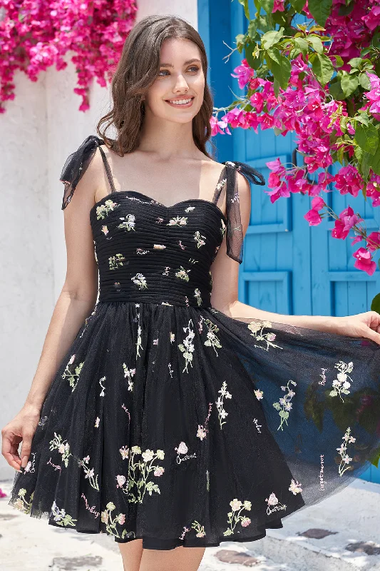 Short - length party dresses with a ruffled skirt for a flirty lookCute A-Line Black Short Prom Dress With Embroidery Short - length party dresses with a ruffled skirt for a flirty lookCute A-Line Black Short Prom Dress With Embroidery