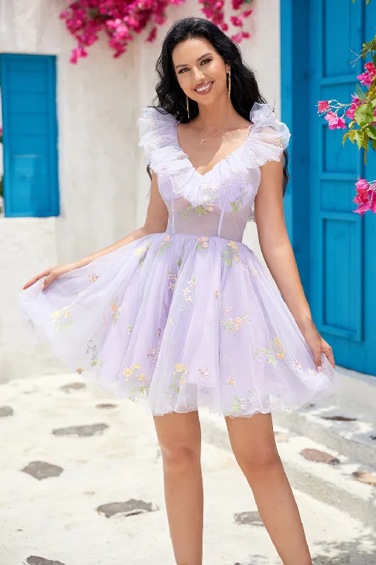 Short - length party dresses with a ruffled skirt for a flirty lookCute A Line Lavender Off the Shoulder Corset Short Prom Dress with Ruffles Short - length party dresses with a ruffled skirt for a flirty lookCute A Line Lavender Off the Shoulder Corset Short Prom Dress with Ruffles