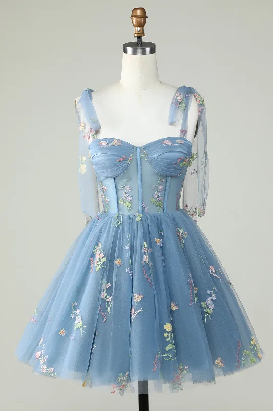 Party dresses with a polka - dot pattern for a classic and playful styleCute A Line Spaghetti Straps Grey Blue Short Prom Dress with Appliques Party dresses with a polka - dot pattern for a classic and playful styleCute A Line Spaghetti Straps Grey Blue Short Prom Dress with Appliques