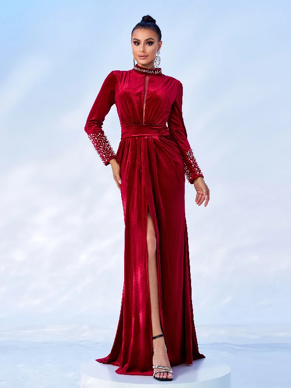 Prom dresses with gathered skirts and crystal - encrusted belts for a luxurious promCutout Beaded Long Sleeve Velvet Prom Dress RJ11975