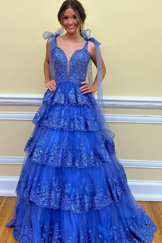 Formal dresses with pleated yokes and button - up fronts for a classic and refined lookDark Blue Sweetheart Bow Tie Straps Tiered Tulle Sequin Prom Dress with Appliques Formal dresses with pleated yokes and button - up fronts for a classic and refined lookDark Blue Sweetheart Bow Tie Straps Tiered Tulle Sequin Prom Dress with Appliques