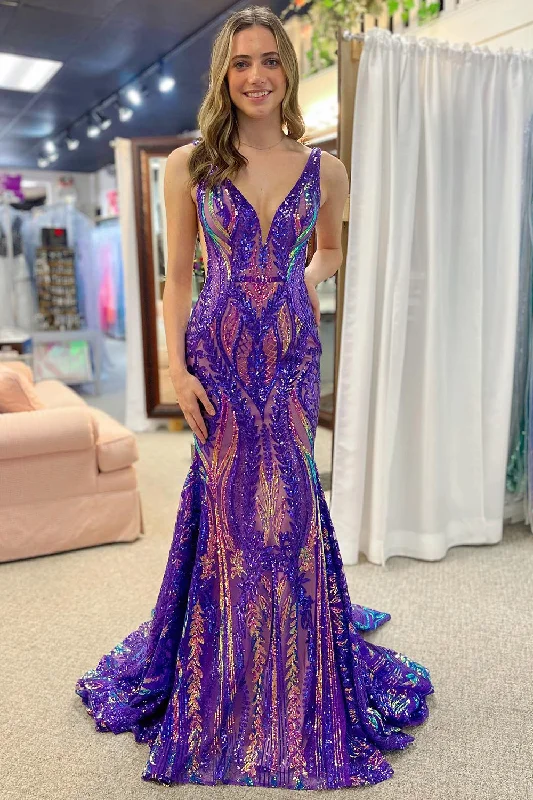 Formal dresses with cold - shoulder ruffled sleeves and floral prints for a romantic and trendy formal styleDark Purple V Neck Mermaid Sequins Long Prom Dress Formal dresses with cold - shoulder ruffled sleeves and floral prints for a romantic and trendy formal styleDark Purple V Neck Mermaid Sequins Long Prom Dress