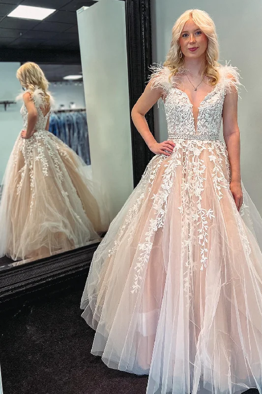 Party dresses with a satin - lined interior for added comfortDeep V-Neck Blush Long Prom Dress with Appliques Party dresses with a satin - lined interior for added comfortDeep V-Neck Blush Long Prom Dress with Appliques
