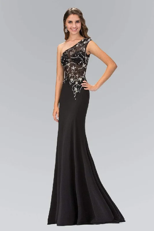 Prom dresses with one - shoulder designs and feather accents for a bold statementElizabeth K - GL2143 Beaded Asymmetrical Neck Gown Prom dresses with one - shoulder designs and feather accents for a bold statementElizabeth K - GL2143 Beaded Asymmetrical Neck Gown