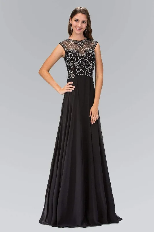 Formal dresses with off - the - shoulder sleeves and rhinestone accents for a sophisticated promElizabeth K - GL2120 Beaded Illusion High Neck Chiffon Gown Formal dresses with off - the - shoulder sleeves and rhinestone accents for a sophisticated promElizabeth K - GL2120 Beaded Illusion High Neck Chiffon Gown