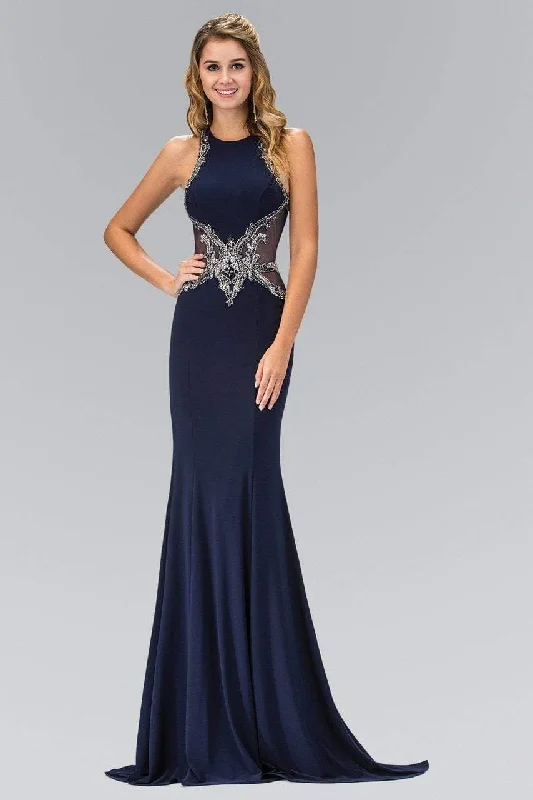 Prom dresses with cold - shoulder ruffled sleeves and floral prints for a romantic and fashionable styleElizabeth K - GL1357 Embellished High Neck Long Gown Prom dresses with cold - shoulder ruffled sleeves and floral prints for a romantic and fashionable styleElizabeth K - GL1357 Embellished High Neck Long Gown