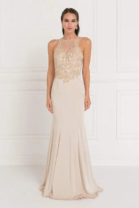 Formal dresses with geometric patterns and metallic accents for a modern formal affairElizabeth K - GL1568 Bedazzled Illusion Halter Sheath Dress Formal dresses with geometric patterns and metallic accents for a modern formal affairElizabeth K - GL1568 Bedazzled Illusion Halter Sheath Dress